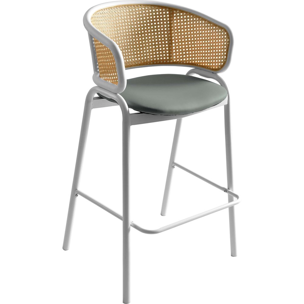 Ervilla Wicker Bar Stool with Fabric Seat and White Steel Frame - Grey leather. Picture 1