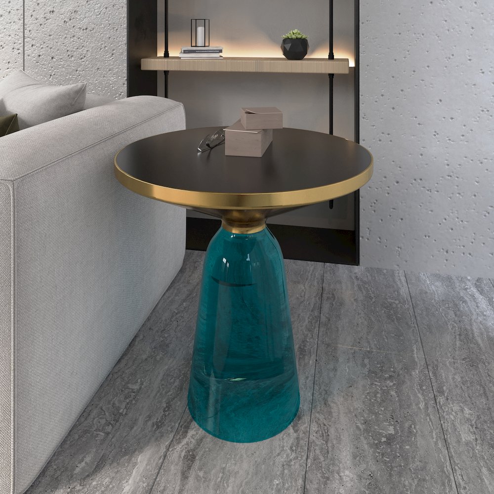 Tully Collection Glass side Table Blue glass, Gold Rim with Black Glass top. Picture 9