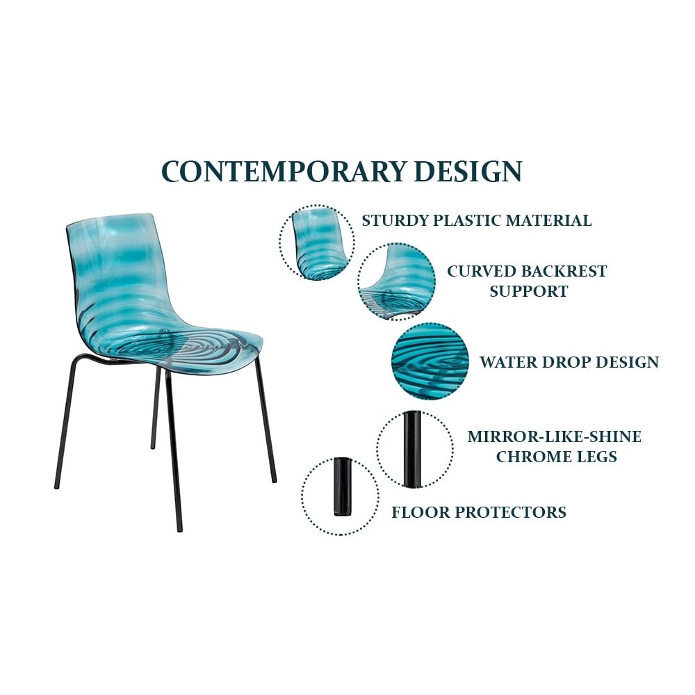 Astor Water Ripple Design Dining Chair in Black Base Trans Blue Seat Set of 2. Picture 5