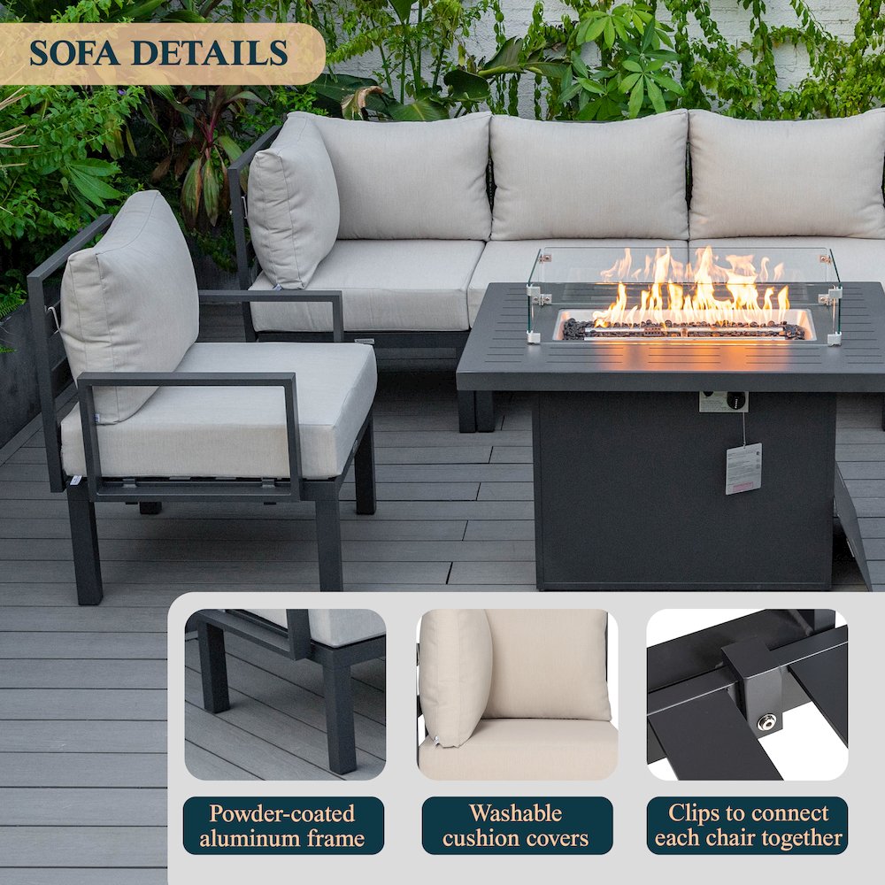 Chelsea 7-Piece Patio Sectional And Fire Pit Table Black Aluminum With Cushions. Picture 38