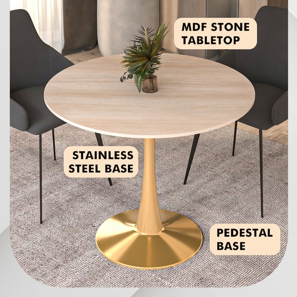 Bristol 35" round dining table Gold Base With Natural Wood Top. Picture 4