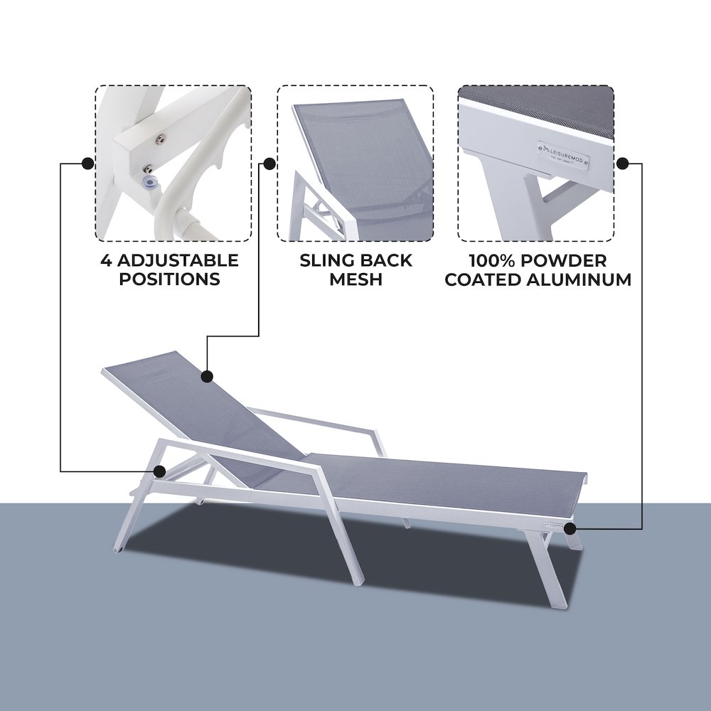 Marlin Patio Chaise Lounge Chair With Armrests in White Aluminum Frame. Picture 1