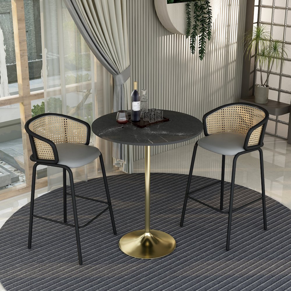 Bar Height Table Brushed Gold Base with 36" Round Black Marbelized MDF Top. Picture 24
