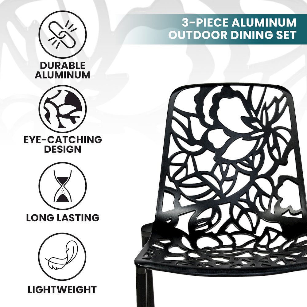 Devon Mid-Century Modern 3-Piece Aluminum Outdoor Patio Dining Set. Picture 5