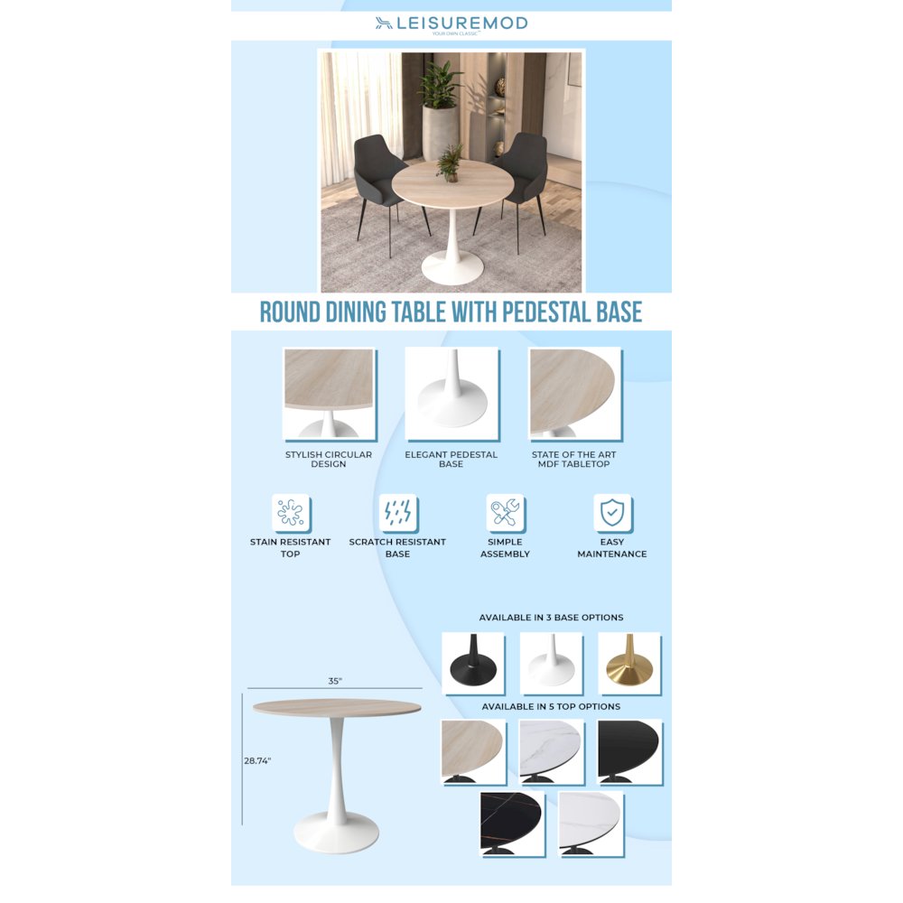 Bristol 35" round dining table White base with marbled MDF top. Picture 8