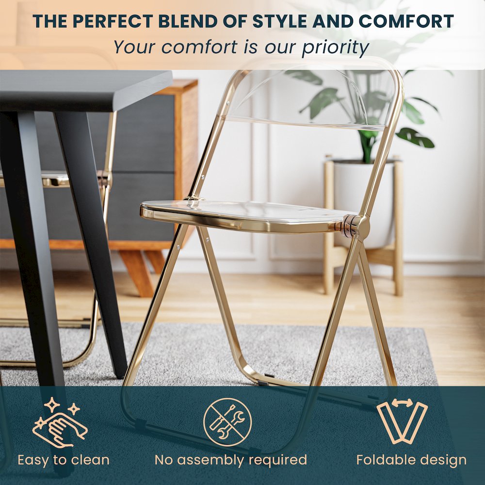 Lawrence Acrylic Folding Chair With Gold Metal Frame, Set of 2. Picture 6