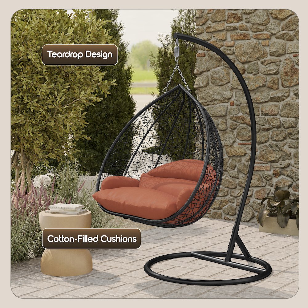 Recluse Collection Modern Outdoor Swing Chair Black Frame with Orange Cushion. Picture 7