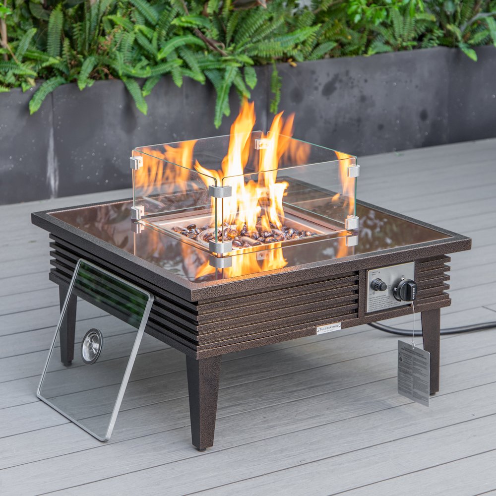Walbrooke Patio Square Fire Pit and Tank Holder with Slats Design in Brown. Picture 5