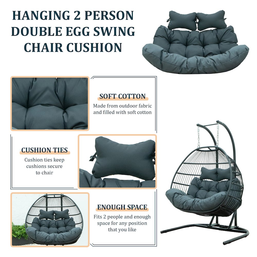 LeisureMod Wicker 2 Person Double Folding Hanging Egg Swing Cushion. Picture 3