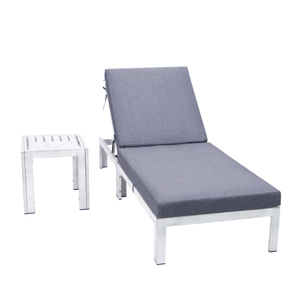 Outdoor Weathered Grey Chaise Lounge Chair With Side Table & Cushions. Picture 5