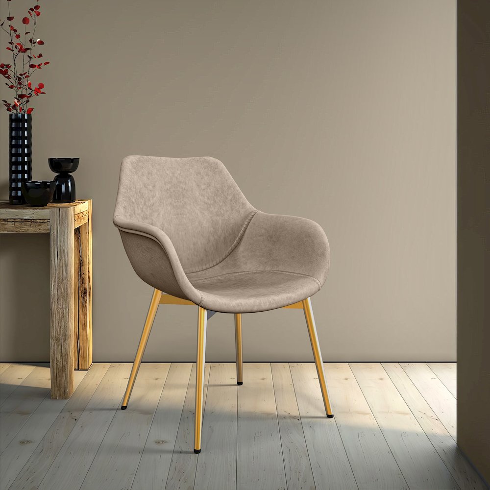 Markley Modern Leather Dining Arm Chair With Gold Legs in Taupe Set of 4. Picture 3