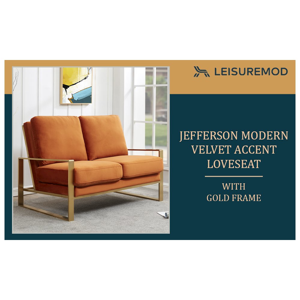 Jefferson Contemporary Modern Velvet Loveseat With Gold Frame. Picture 8