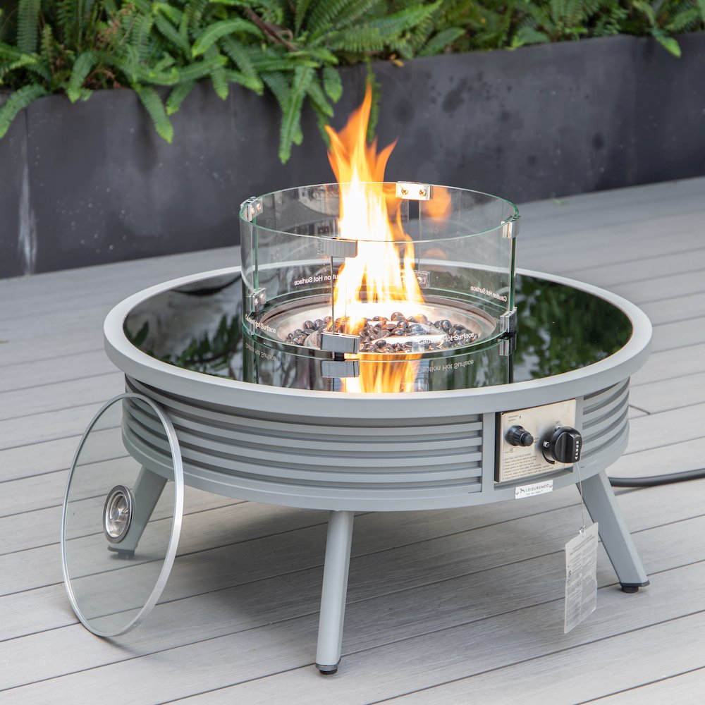 Walbrooke Patio Round Fire Pit and Tank Holder with Slats Design in Grey. Picture 5