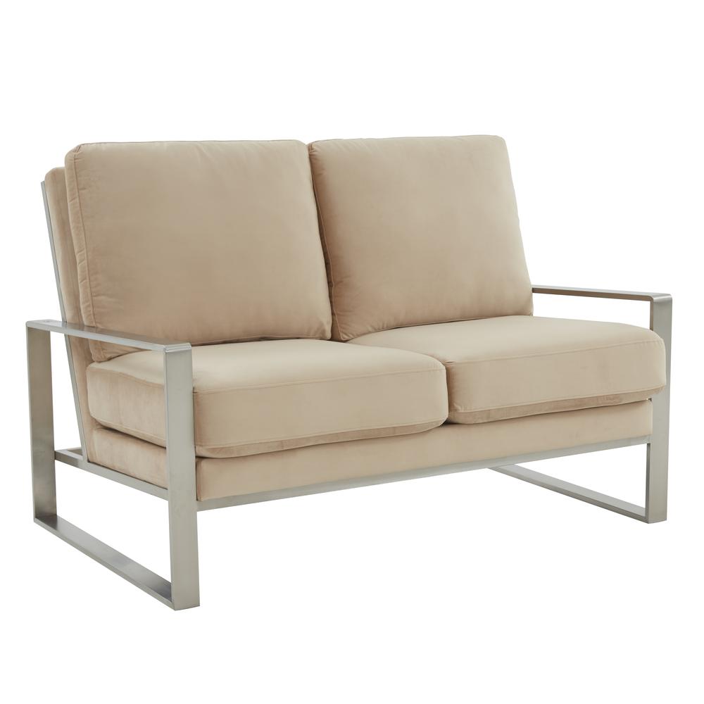 Leisuremod Jefferson Contemporary Modern Velvet Loveseat With Silver Frame, Beige. Picture 1