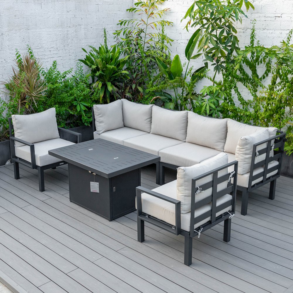 Chelsea 7-Piece Patio Sectional And Fire Pit Table Black Aluminum With Cushions. Picture 5