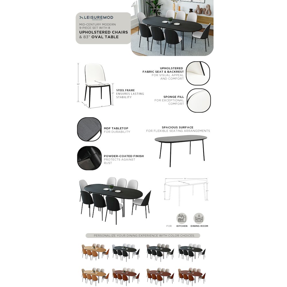 Tule 9-Piece Dining Set in Steel Frame with 8 Upholstered Seat Dining Table. Picture 26