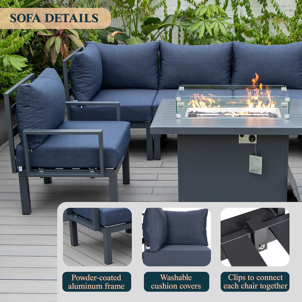 Chelsea 7-Piece Patio Sectional And Fire Pit Table Black Aluminum With Cushions. Picture 37
