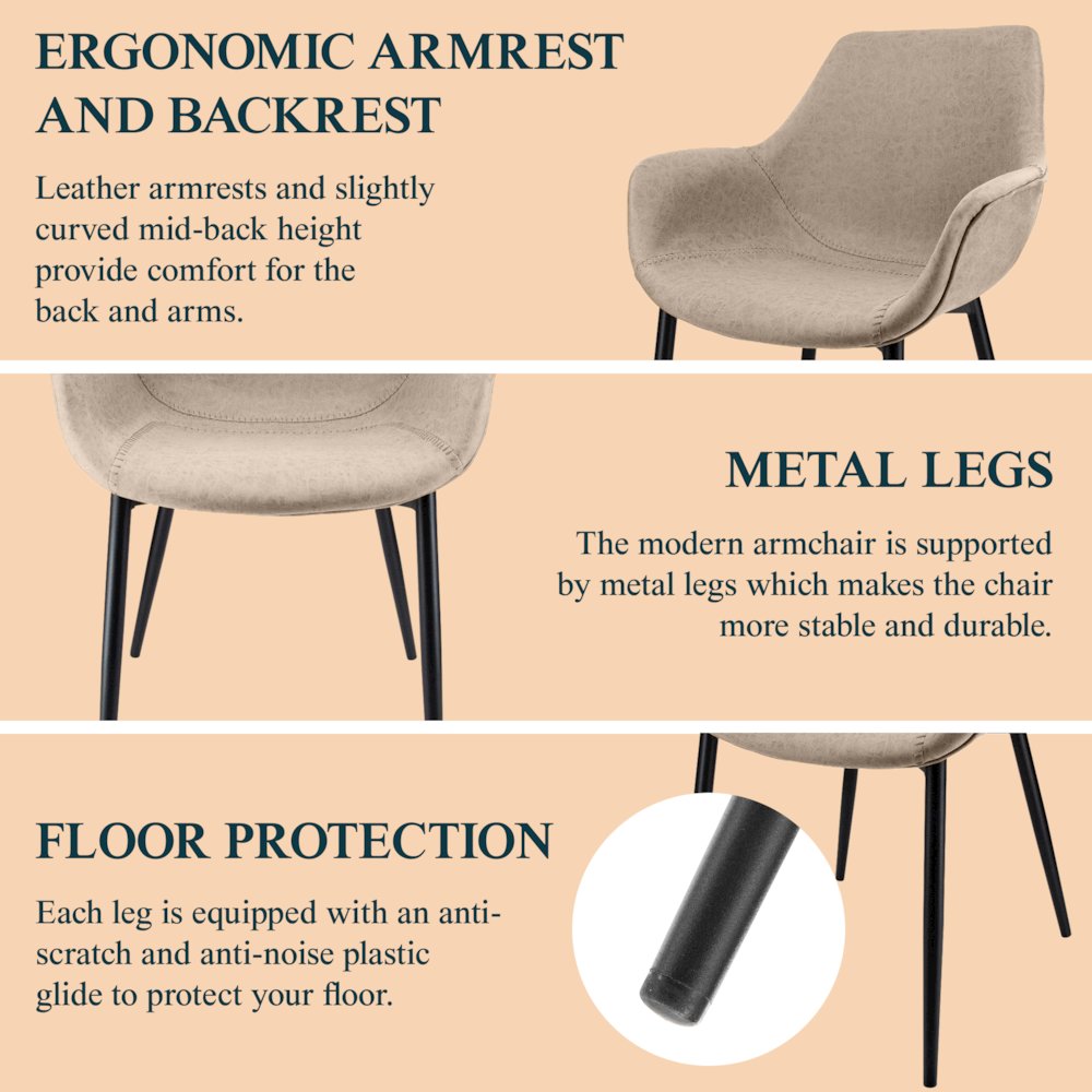 Markley Modern Leather Dining Arm Chair Set of 2 in Taupe. Picture 6