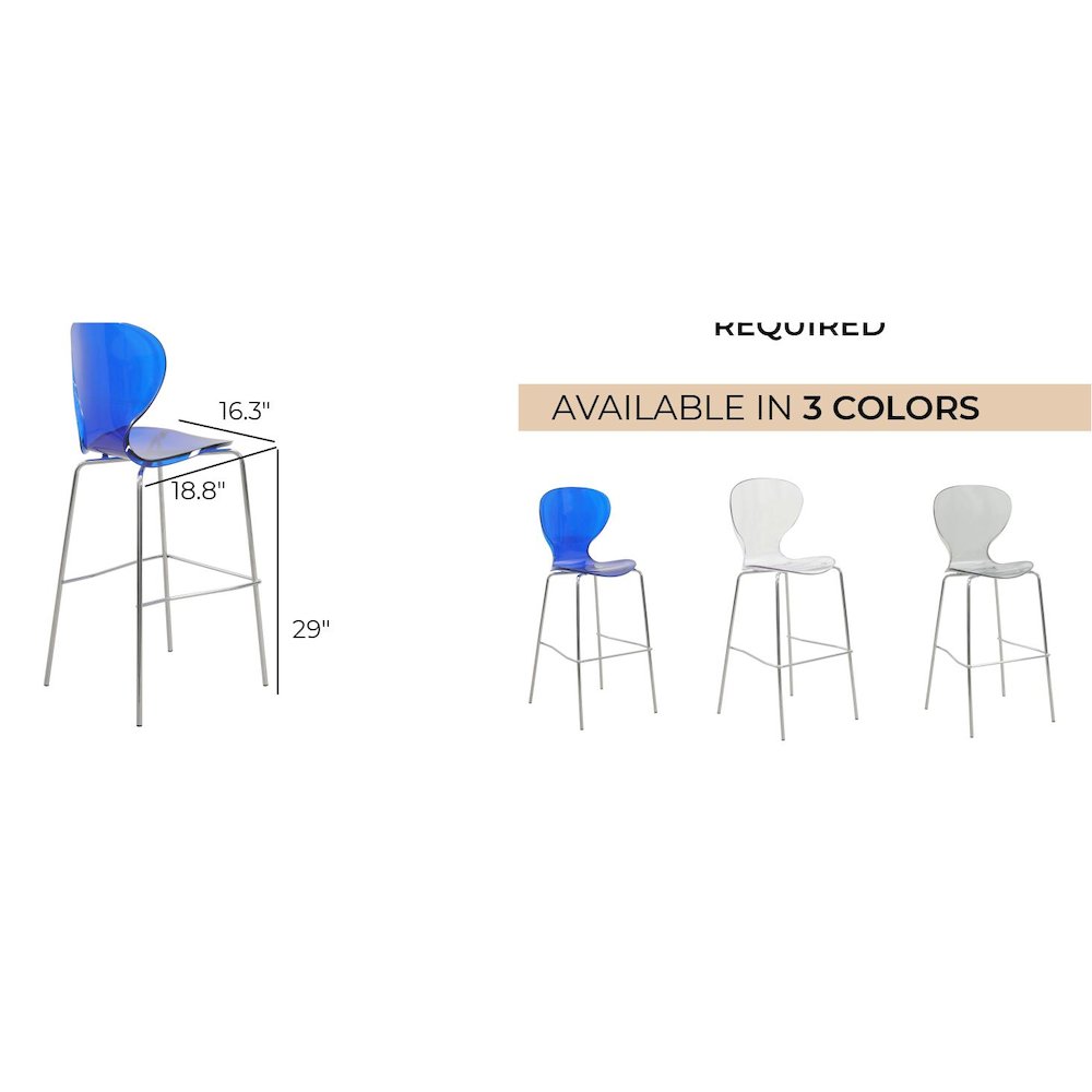 Oyster Acrylic Barstool with Steel Frame in Chrome Finish in Transparent Blue. Picture 19