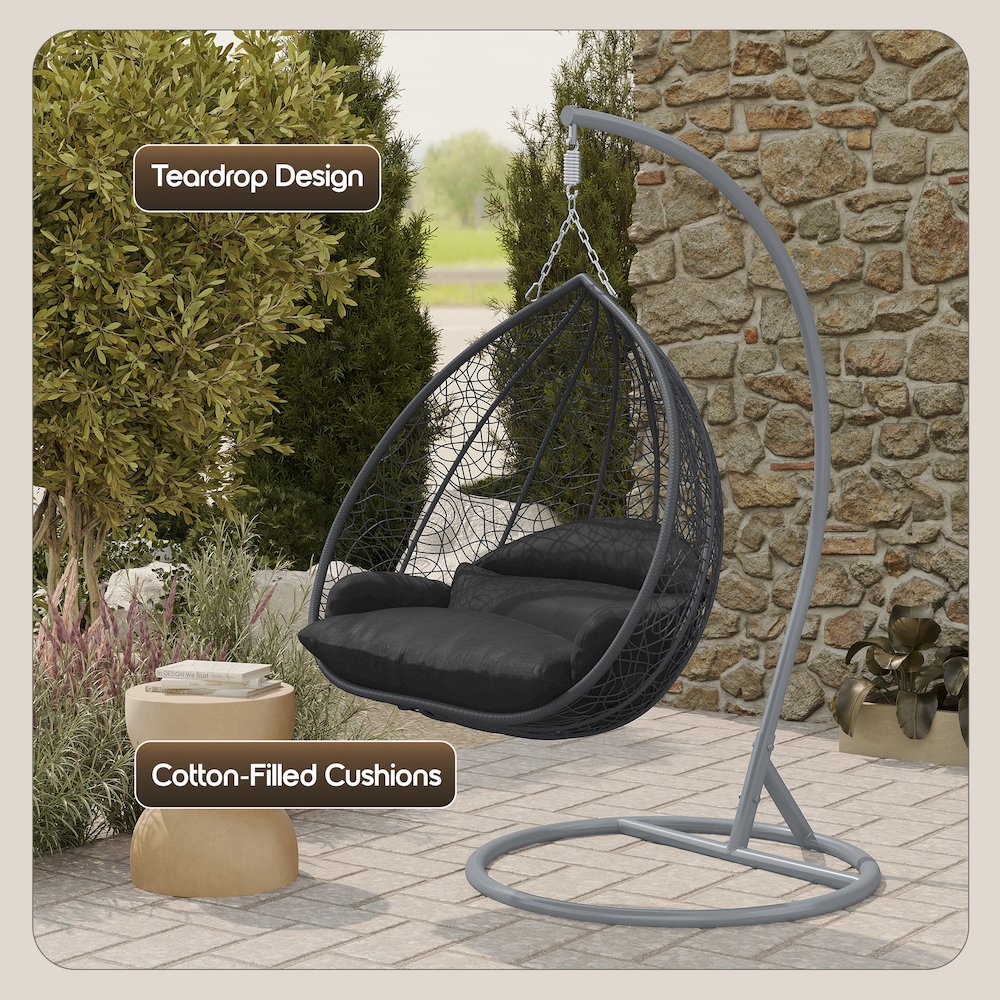 Recluse Collection Modern Outdoor Swing Chair Grey Frame with ES57 Black Cushion. Picture 7