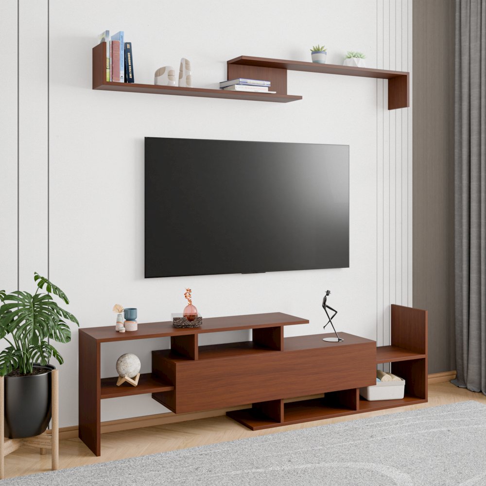 Surrey Modern TV Stand with MDF Shelves and Bookcase in Walnut. Picture 24