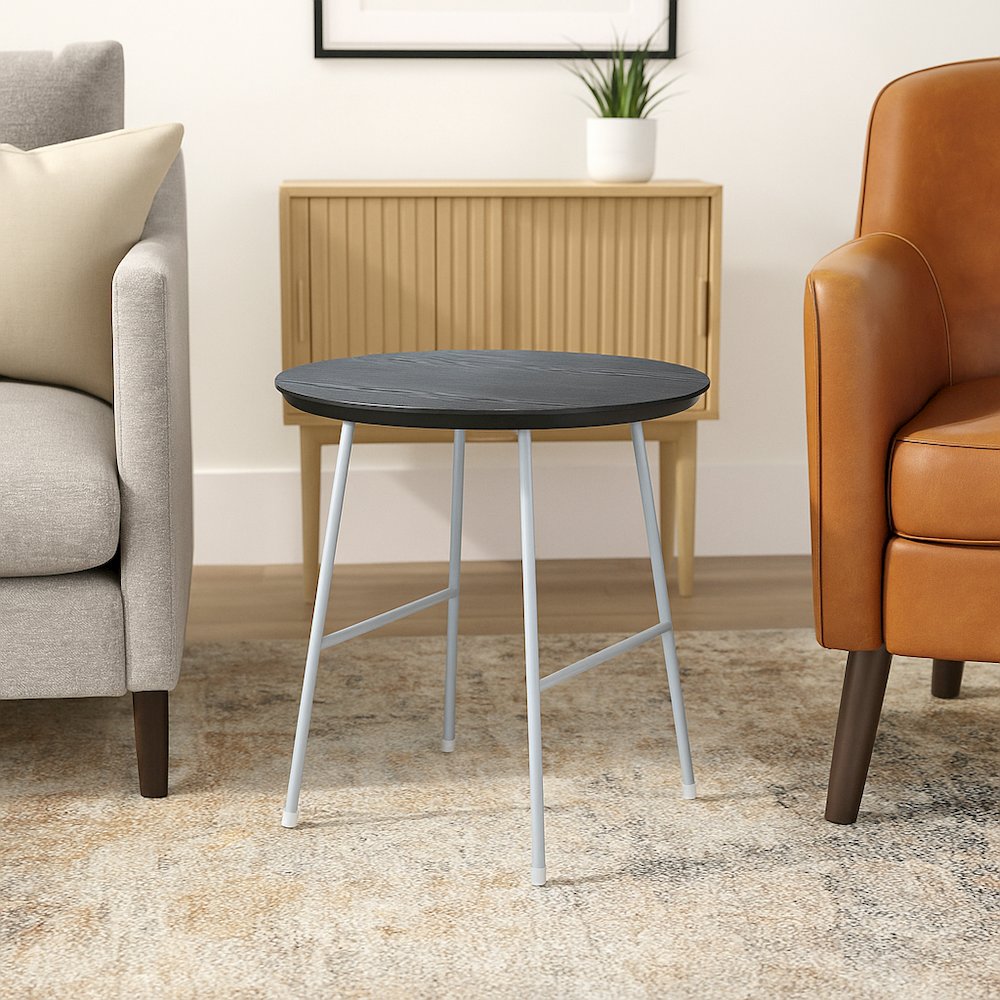 Rossmore Mid Century Modern Round Side Table With White Steel Frame. Picture 6