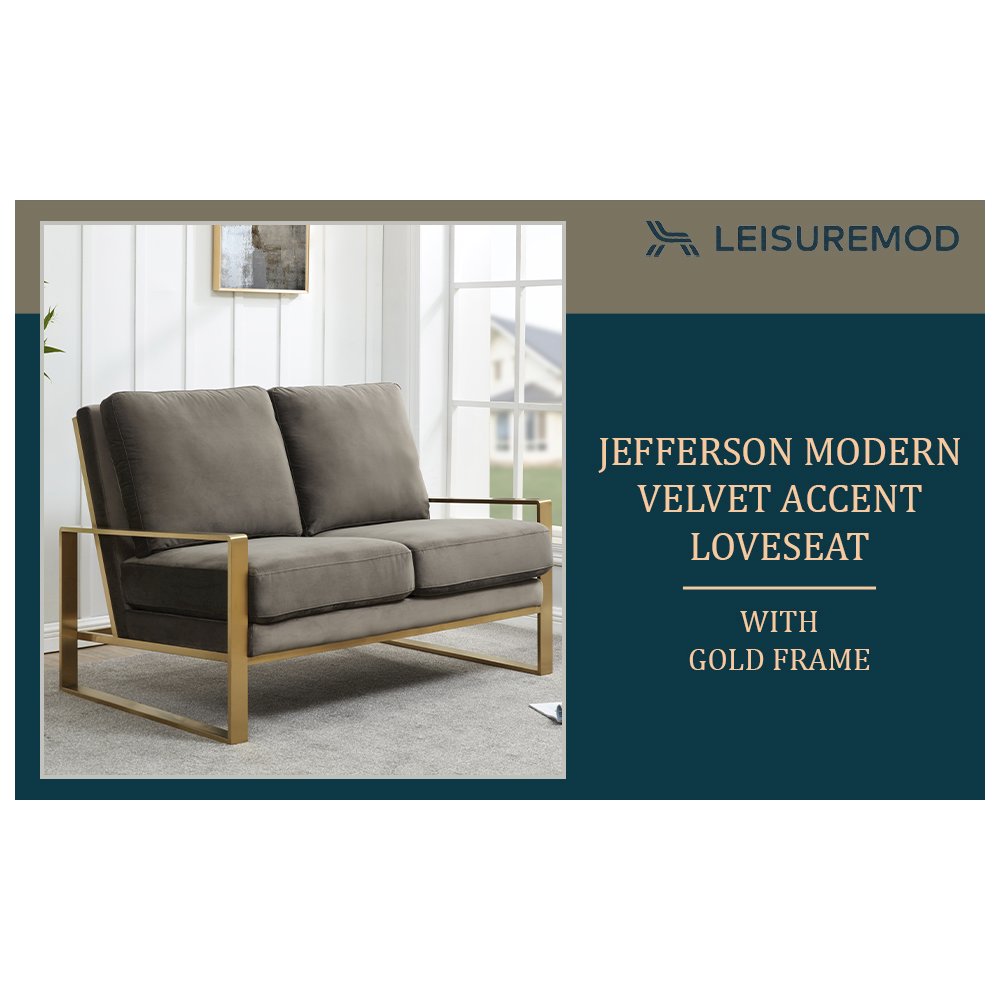 Jefferson Contemporary Modern Velvet Loveseat With Gold Frame. Picture 8