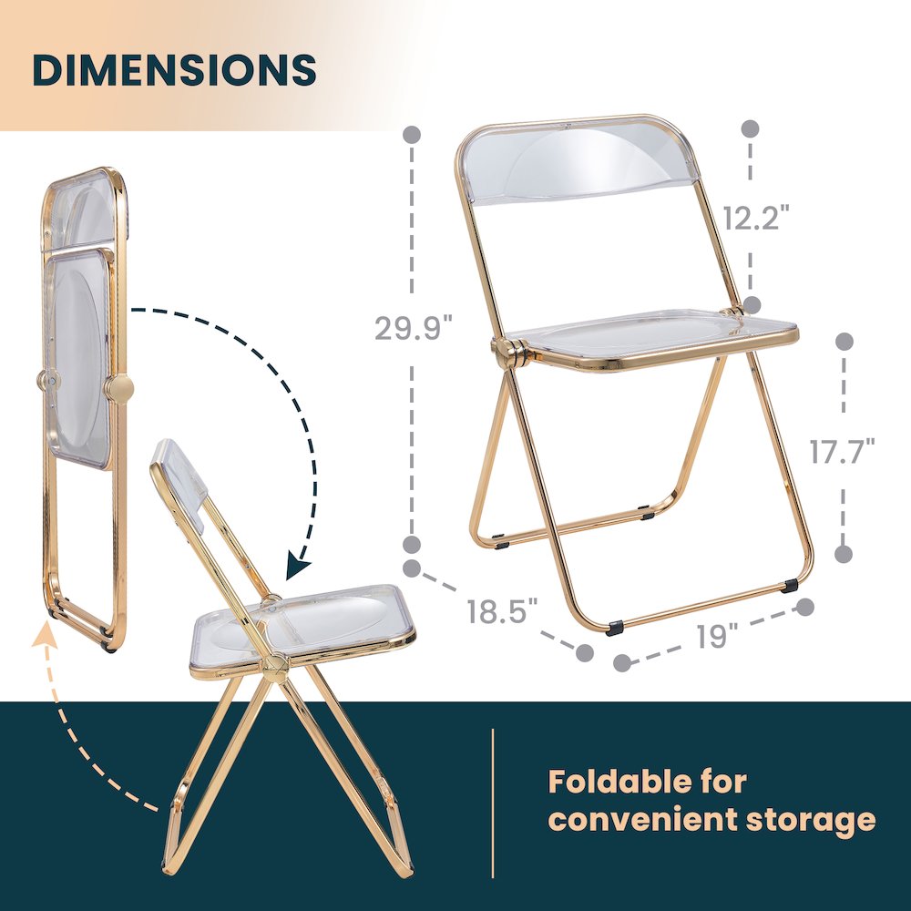 Lawrence Acrylic Folding Chair With Gold Metal Frame, Set of 2. Picture 3