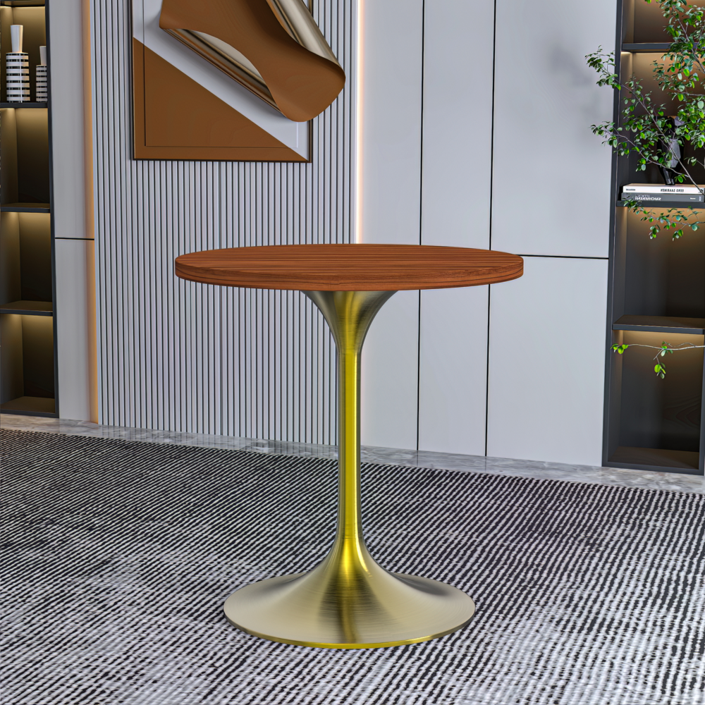 Verve 27" Round Dining Table, Brushed Gold Base with Cognac Brown MDF Top. Picture 13