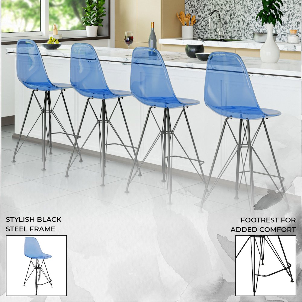 Modern Acrylic Bar stool Cresco Collection Black Base with Trans Blue seat. Picture 24