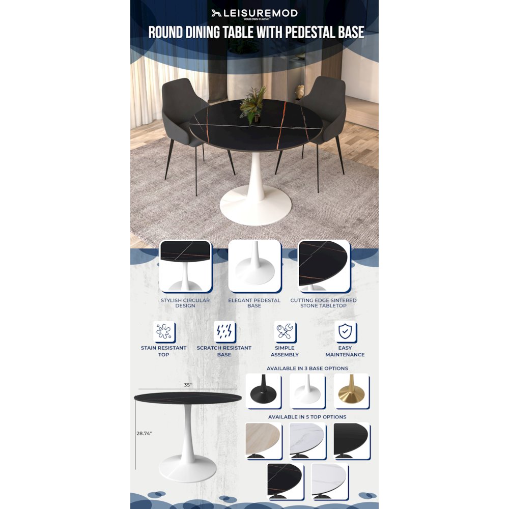 Bristol 40" round dining table White base with Black Sintered stone Top. Picture 8