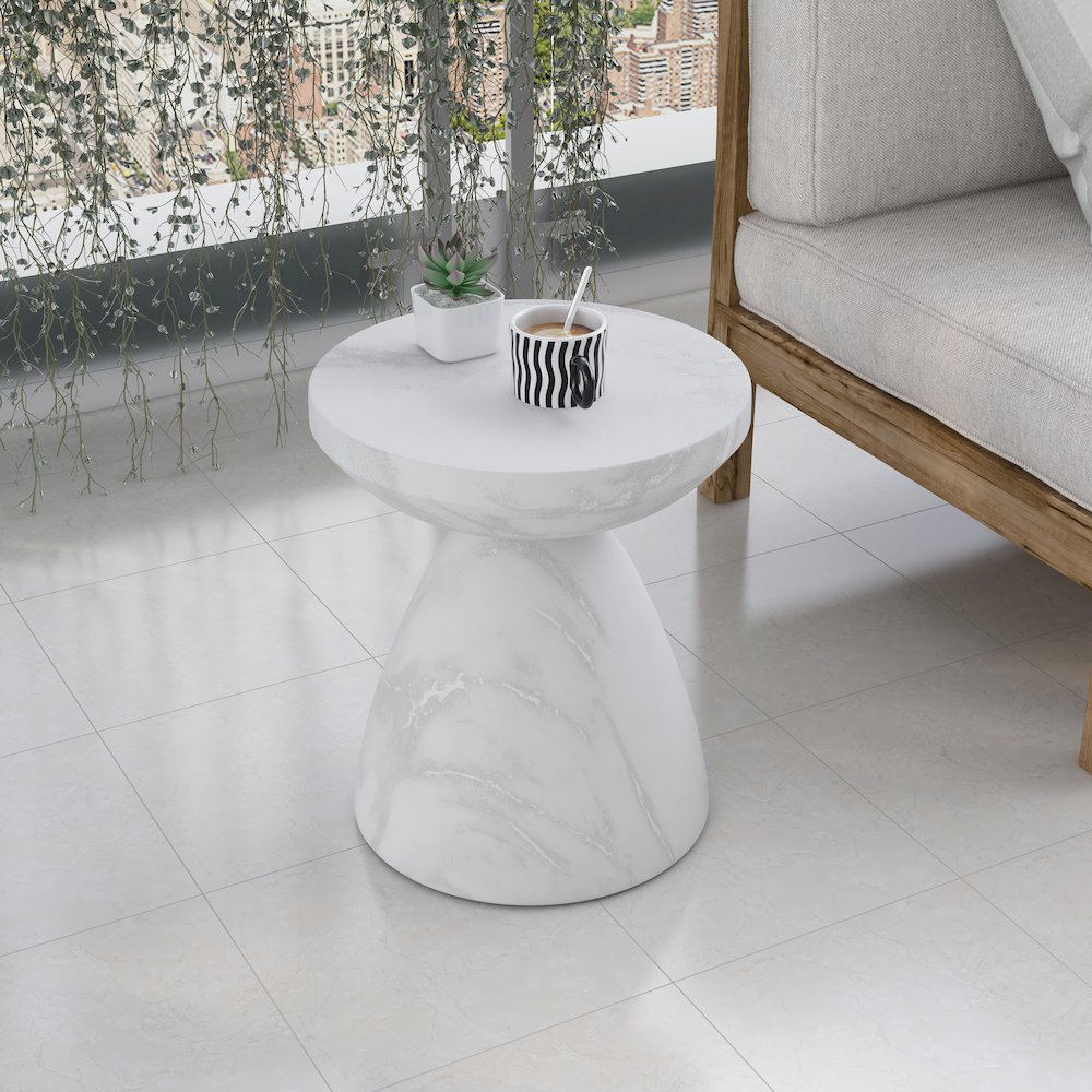 Dune Collection Fiberglass Outdoor Side Table in Marble White. Picture 9