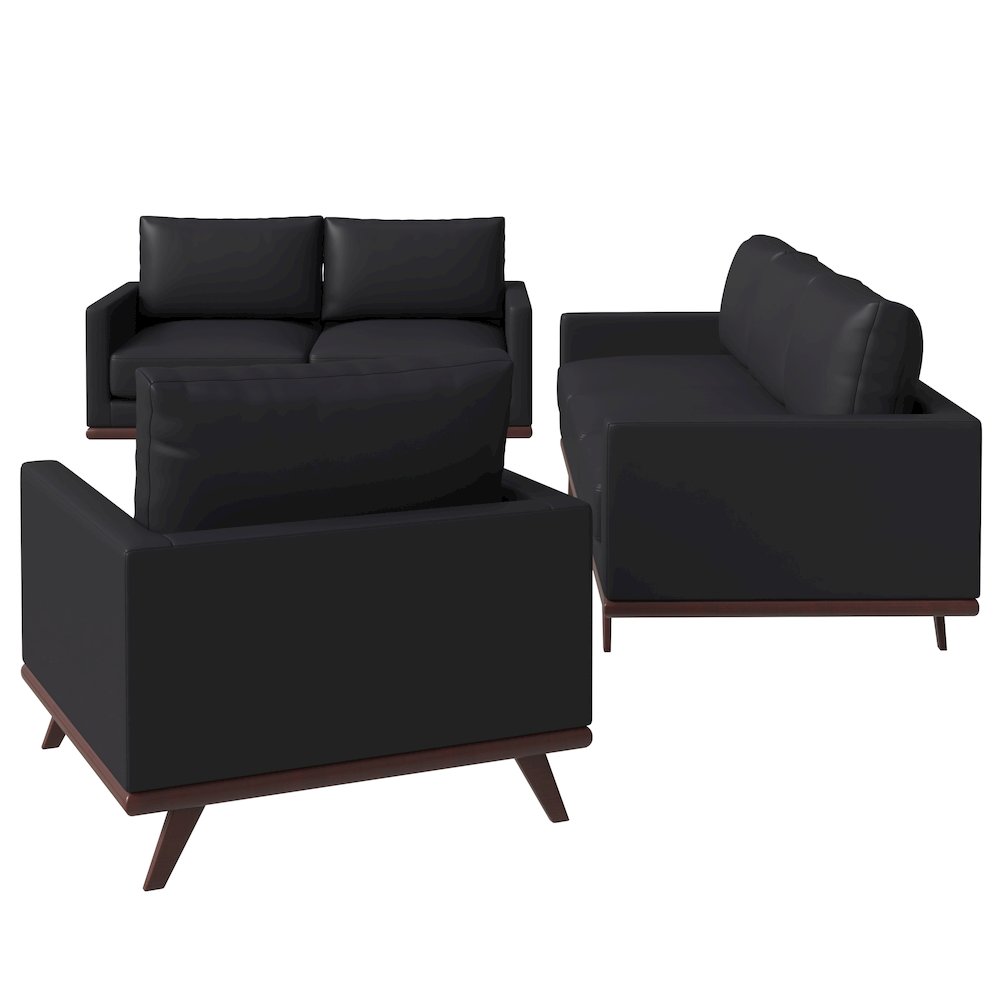 Chester 3-Piece Leather Living Room Sofa Set with Birch Wood Base Black. Picture 3