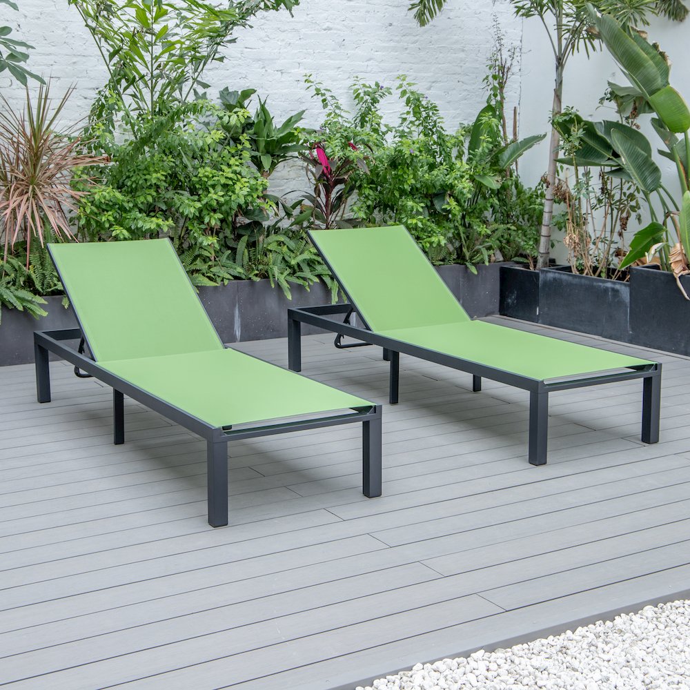 Marlin Patio Chaise Lounge Chair With Black Aluminum Frame, Set of 2 in Green. Picture 5