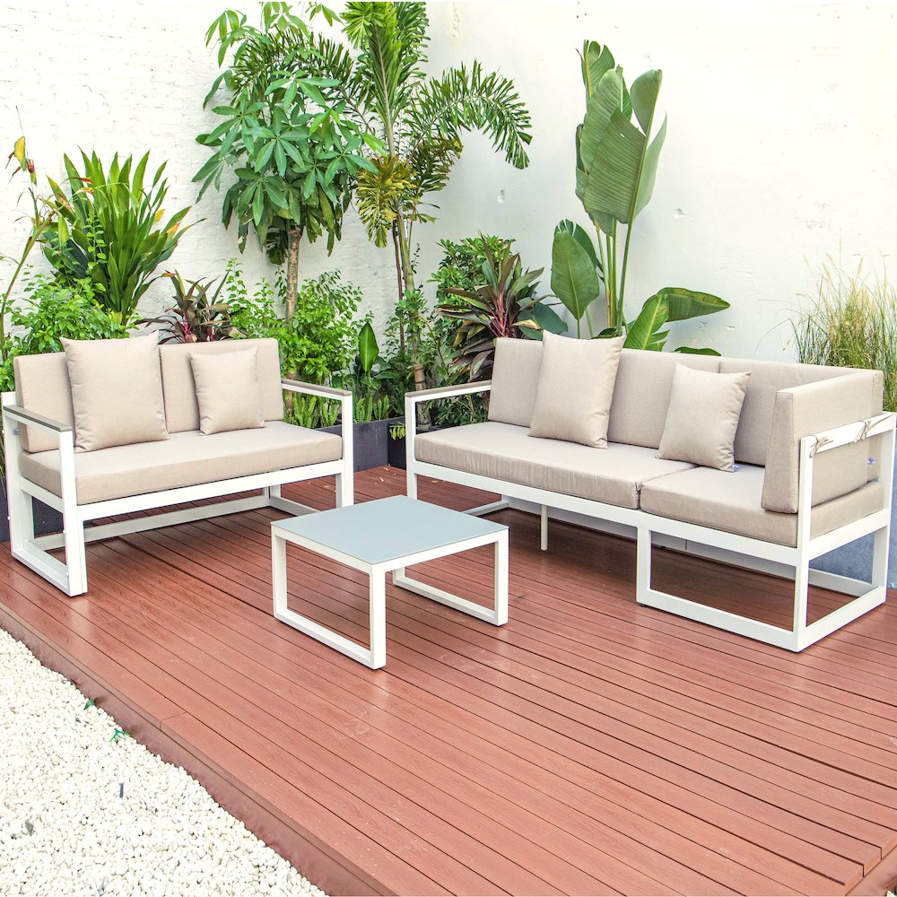 Chelsea White Sectional With Adjustable Headrest & Coffee Table With Cushions. Picture 6