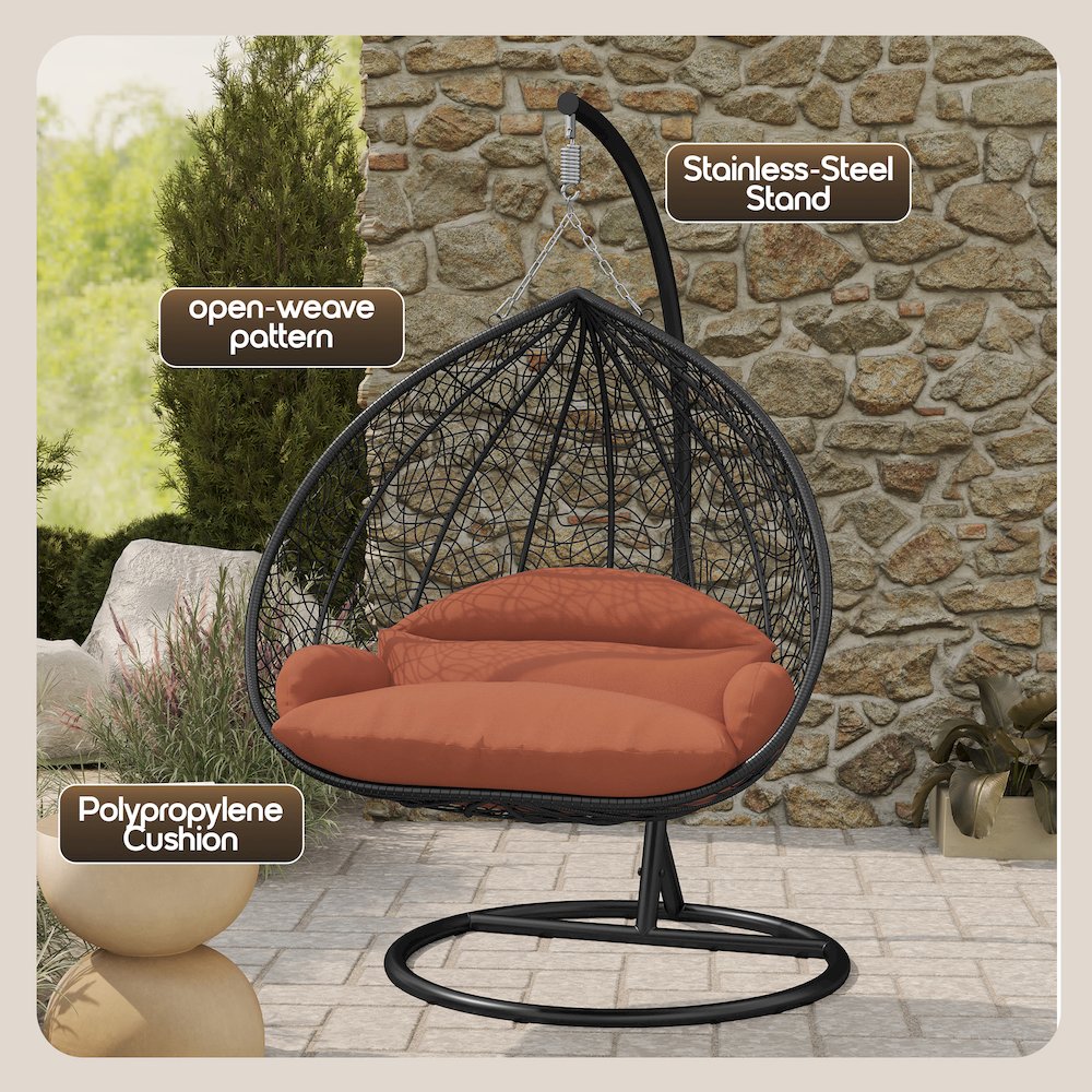 Recluse Collection Modern Outdoor Swing Chair Black Frame with Orange Cushion. Picture 4