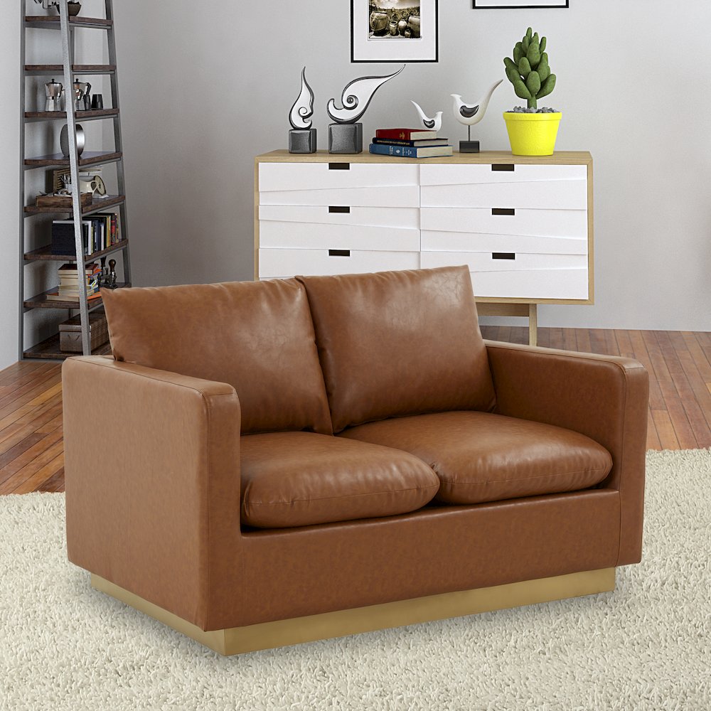 Nervo Modern Mid-Century Upholstered Leather Loveseat with Gold Frame. Picture 3