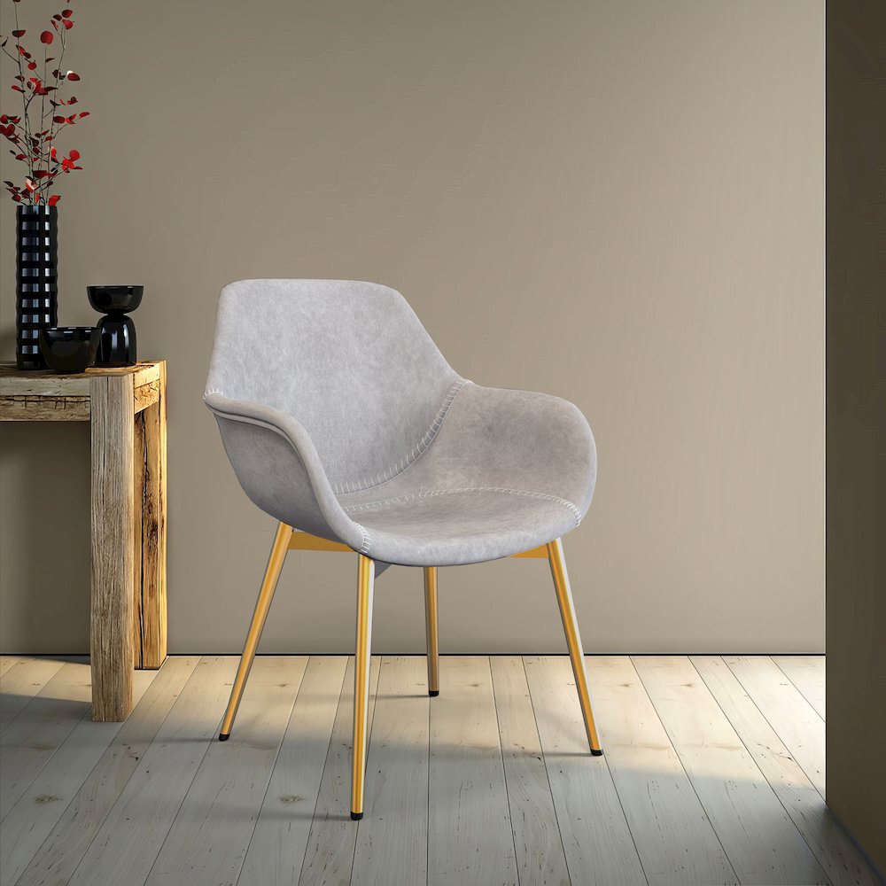 Markley Modern Leather Dining Arm Chair With Gold Metal Legs Light Grey Set of 4. Picture 3