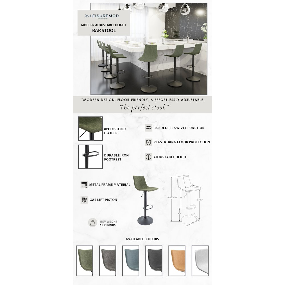 Tilbury Modern Adjustable Bar Stool in Olive Green. Picture 1
