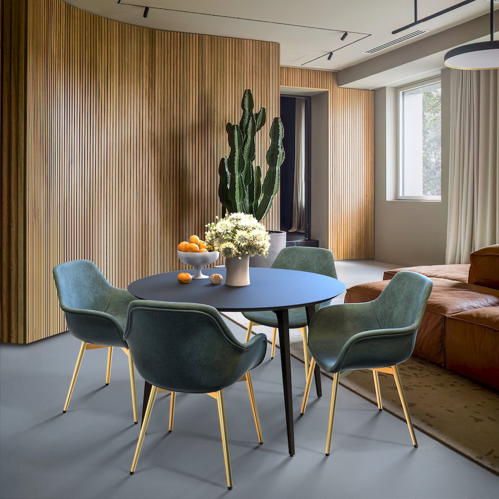 Markley Modern Leather Dining Arm Chair With Gold Metal Legs. Picture 13