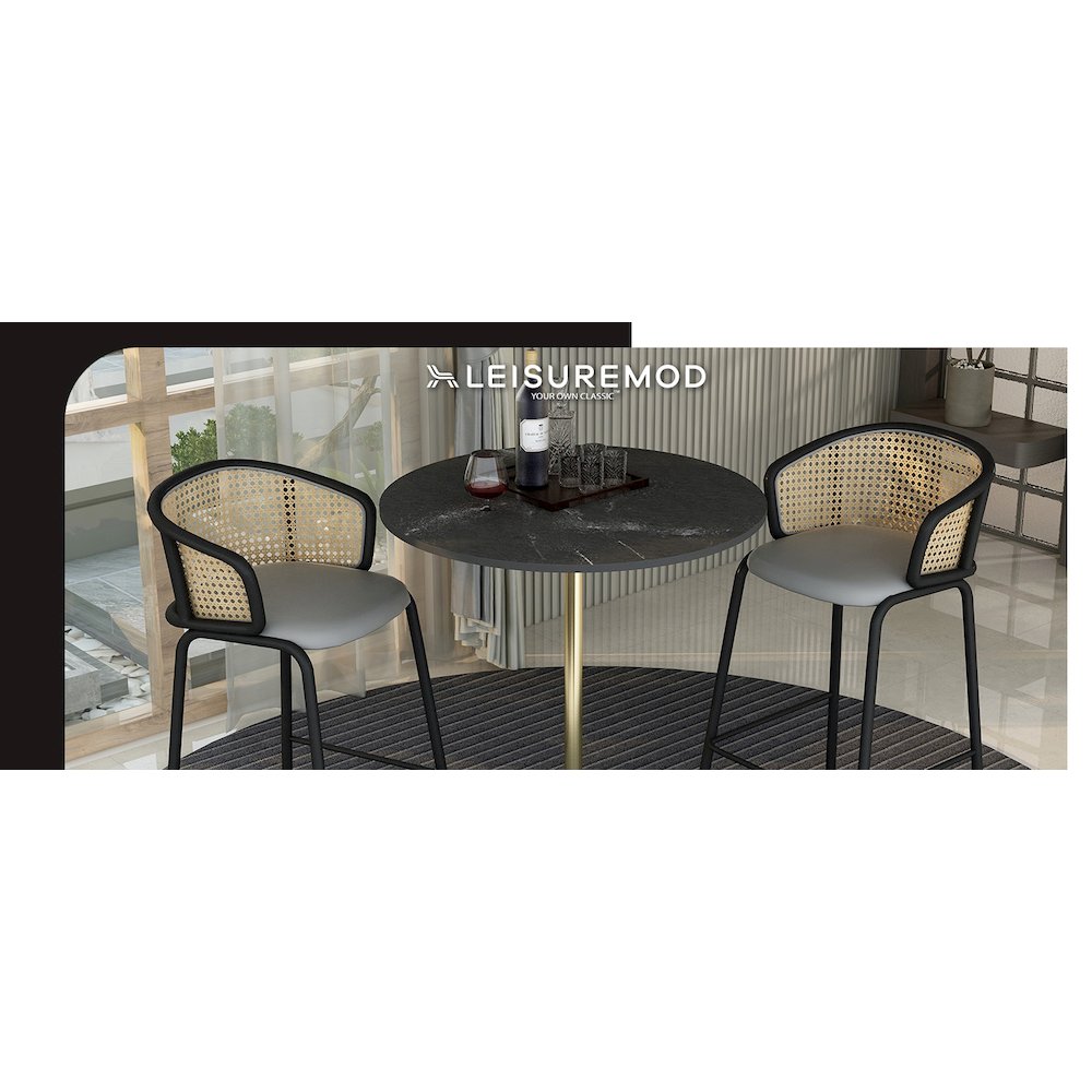 Bar Height Table Brushed Gold Base with 36" Round Black Marbelized MDF Top. Picture 11