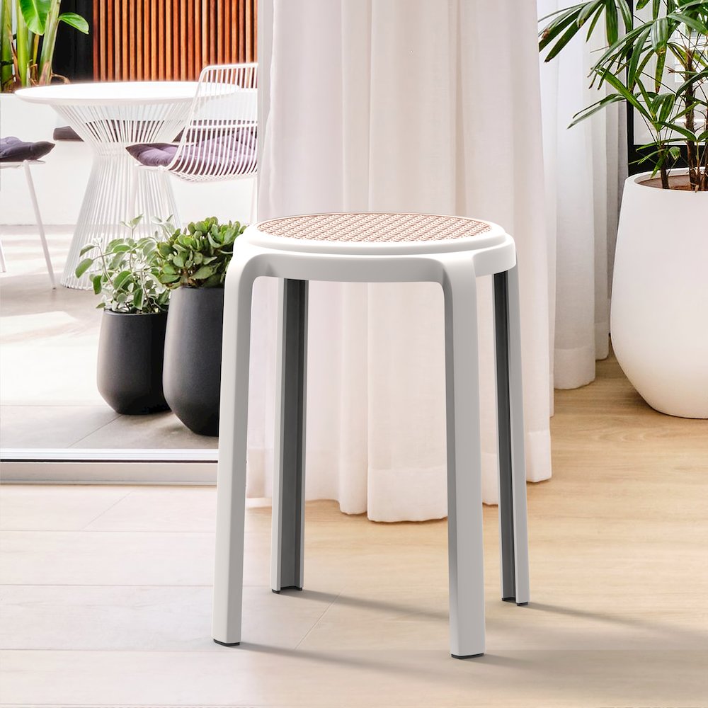 Tresse Series Stackable Round Poly Stool With Wicker Top 13 in White. Picture 8
