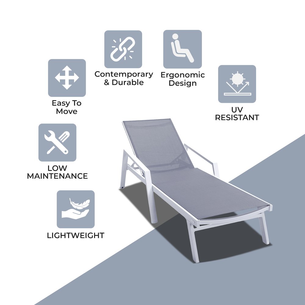 Marlin Patio Chaise Lounge Chair With Armrests in White Aluminum Frame. Picture 2
