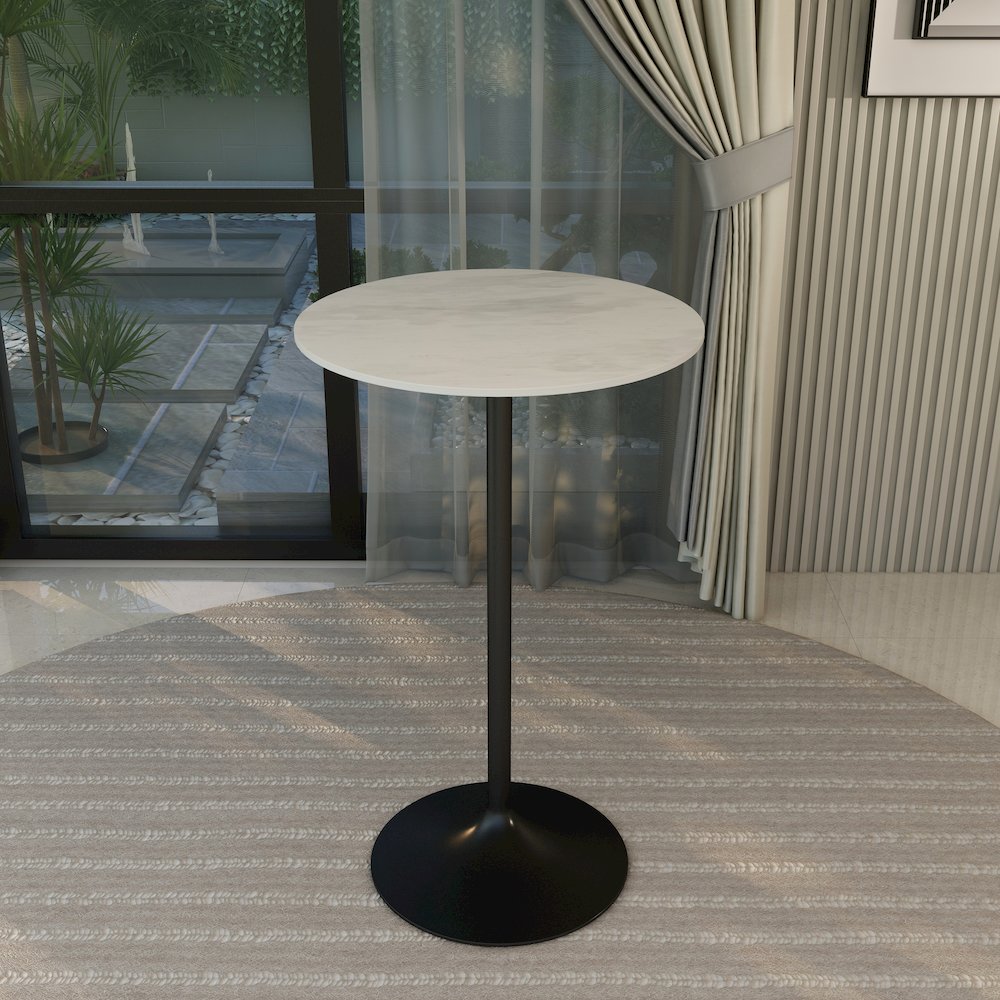 Bar Height Table Black Base with 27" Round Marble White Sintered Stone Top. Picture 19