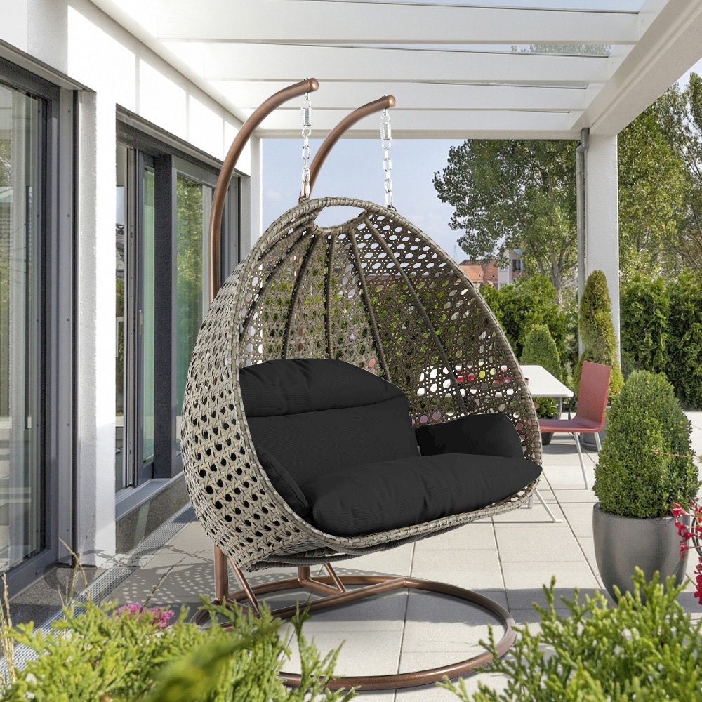 Beige Wicker Hanging 2 person Egg Swing Chair. Picture 2