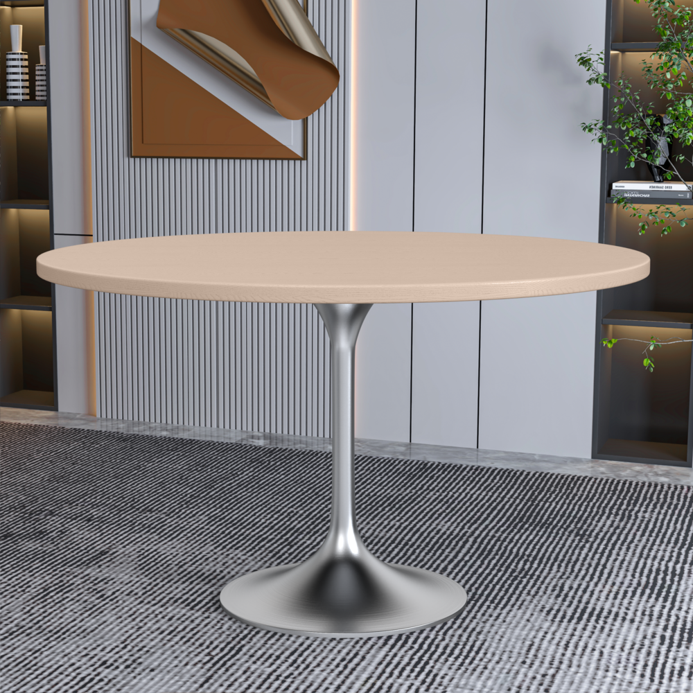 48" Round Dining Table, Brushed Chrome Base with Light Natural Wood MDF Top. Picture 7