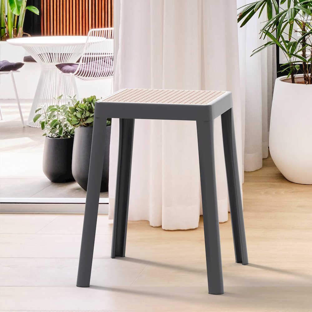 Tresse Series Stackable Poly Stool With Wicker Top 12 in Grey. Picture 2