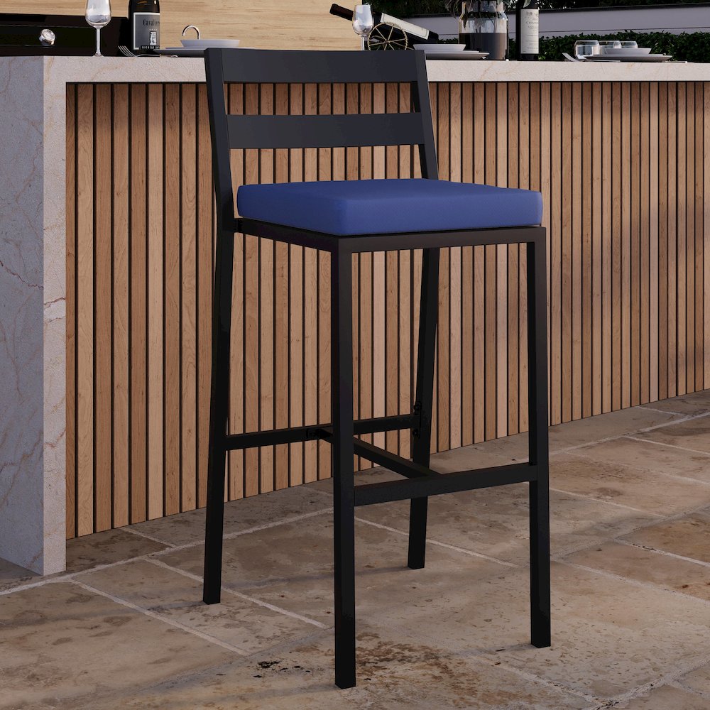 Chelsea Collection Modern Aluminum Chair in black with Blue Cushions - Set of 2. Picture 16