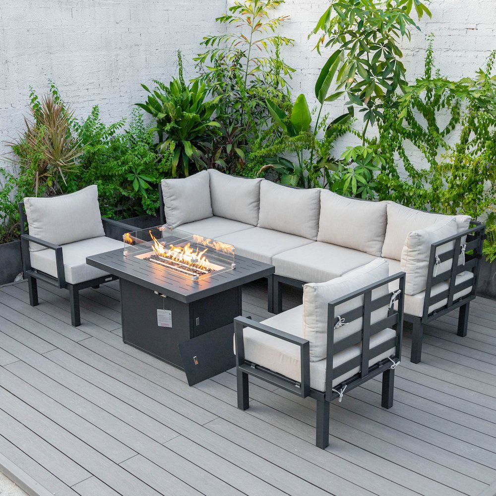 Chelsea 7-Piece Patio Sectional And Fire Pit Table Black Aluminum With Cushions. Picture 1