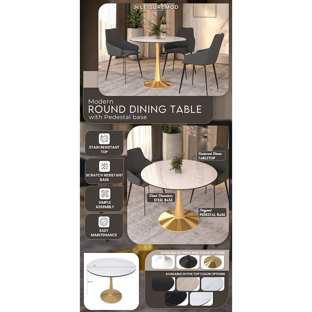 Bristol 40" round dining table Gold base with White Sintered stone Top. Picture 16